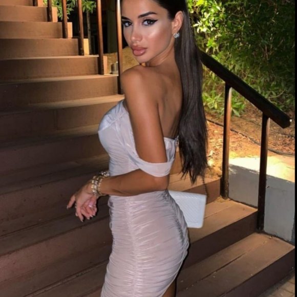 Beige Slinky Draped Sleeve Ruched Mini Dress - Picture 2 of 4